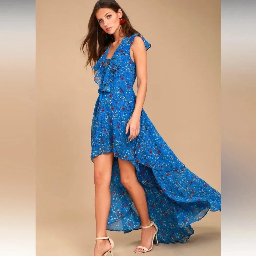 NWT!! Lulu’s - Always and Forever Blue Floral Print Lace-Up High-Low Dress - XS